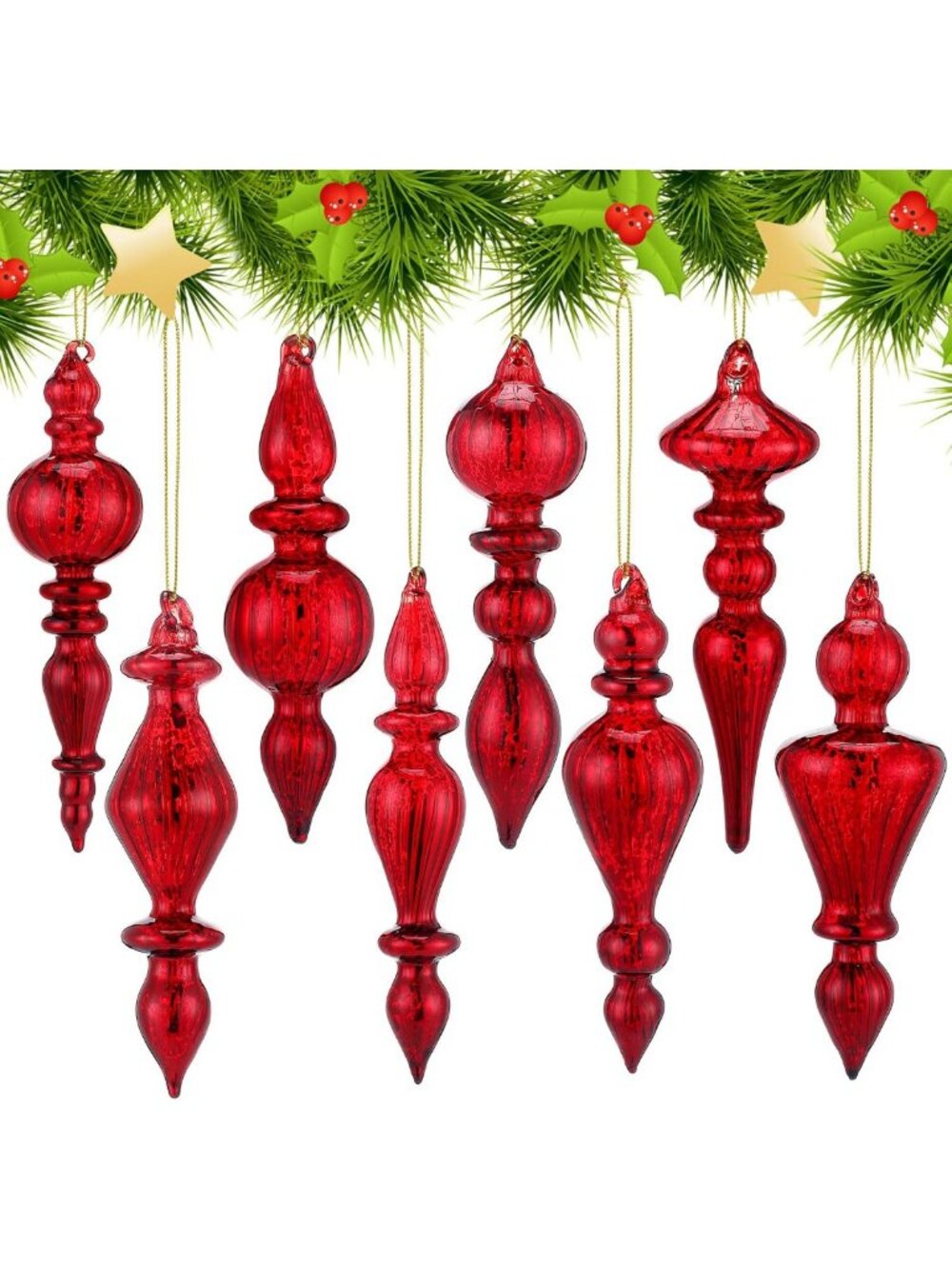 8 Pcs 6-Inch Red Mercury Glass Finial Christmas Ornaments - Holiday Decor
